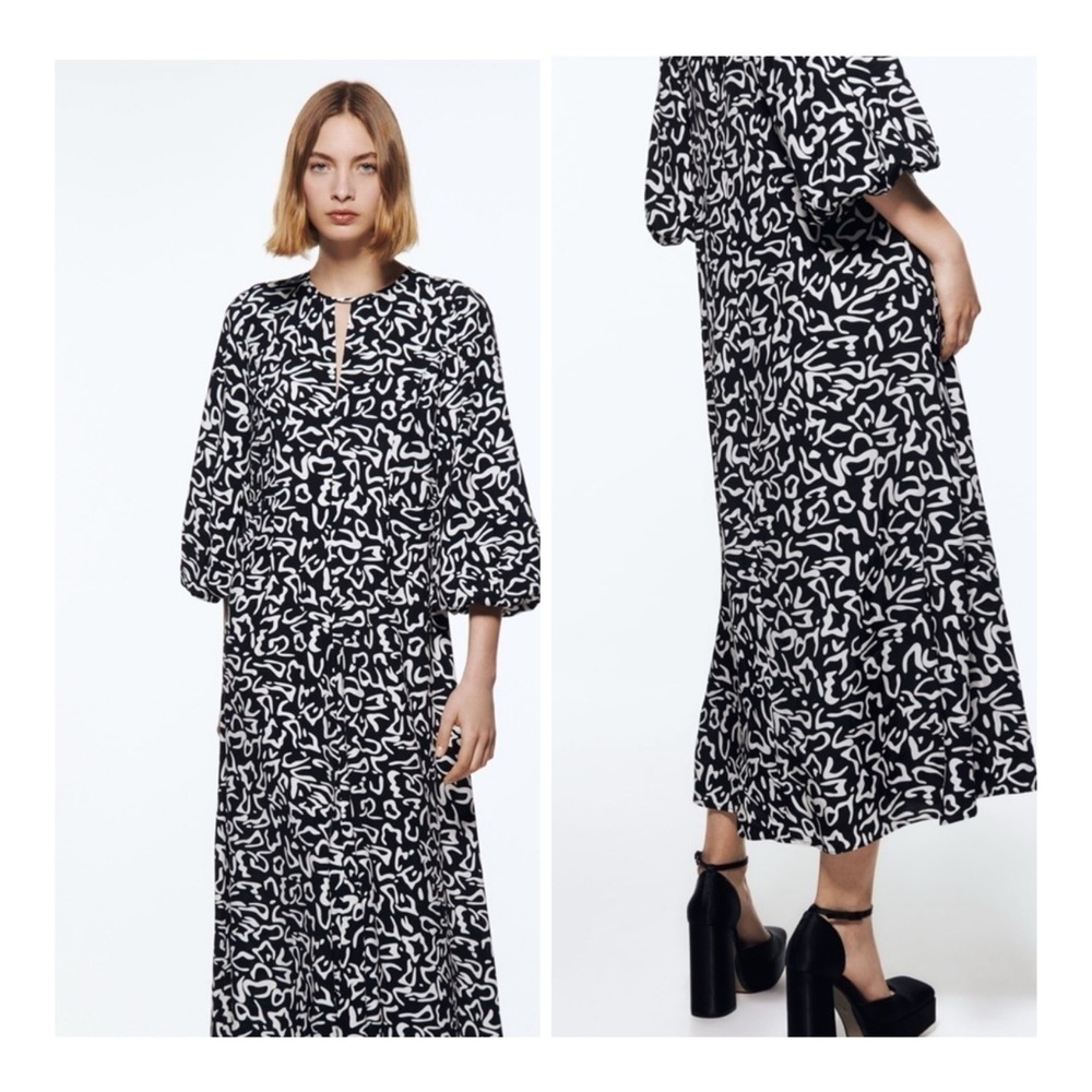 Zara | Retro Puff Sleeves Black & White Printed Midi Dress | XS